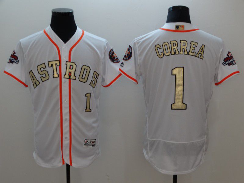 Men Houston Astros #1 Correa White Gold version Elite MLB Jerseys